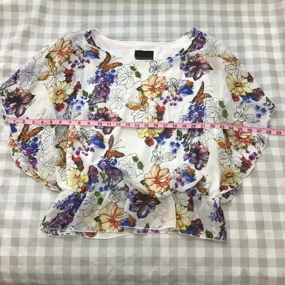 CYNTHIA Rowley silky floral butterfly sleeve top blouse round neckline large - Picture 9 of 13